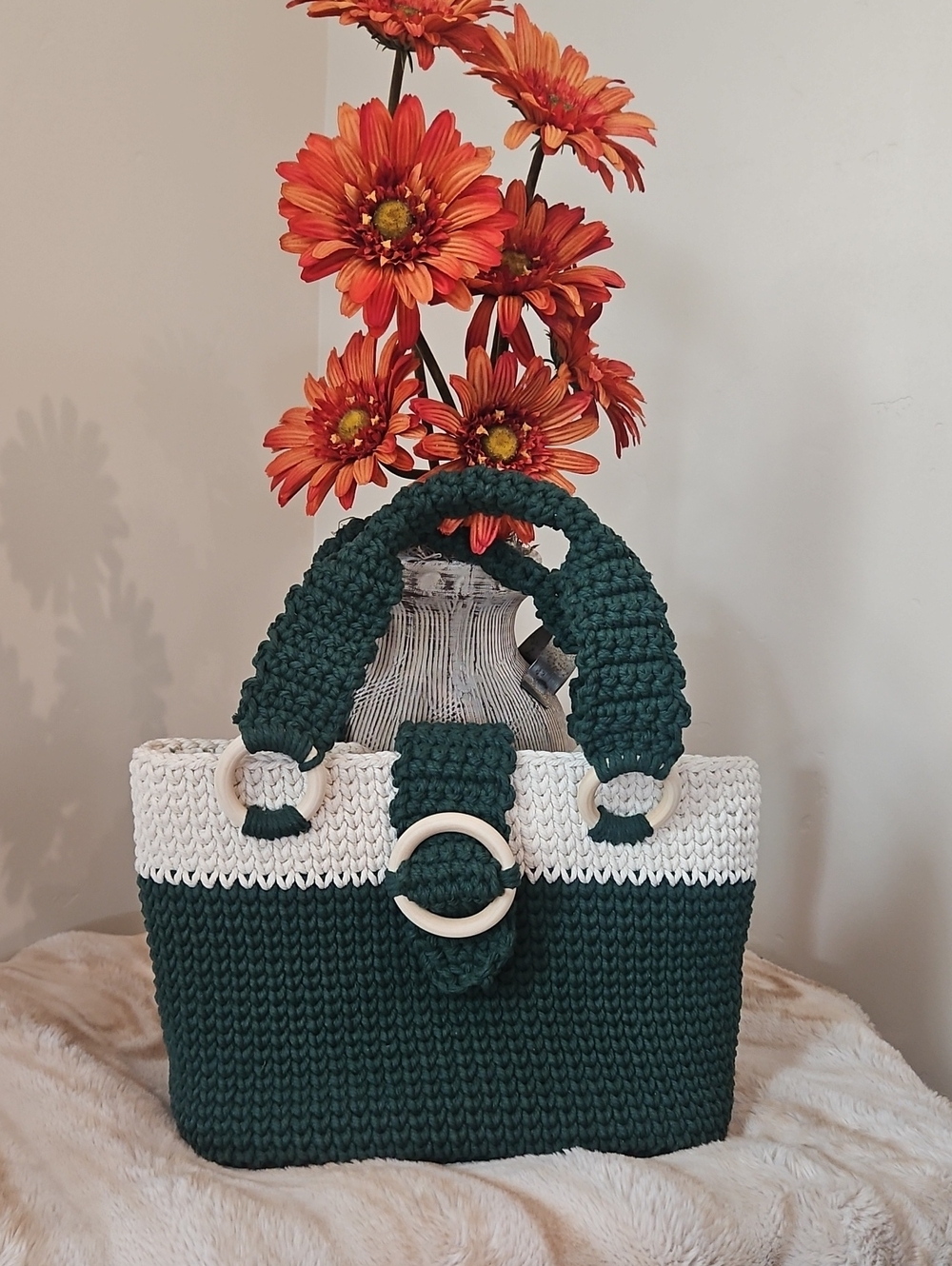 Dark Green & Off White Hand Crocheted By Me Tote Bag